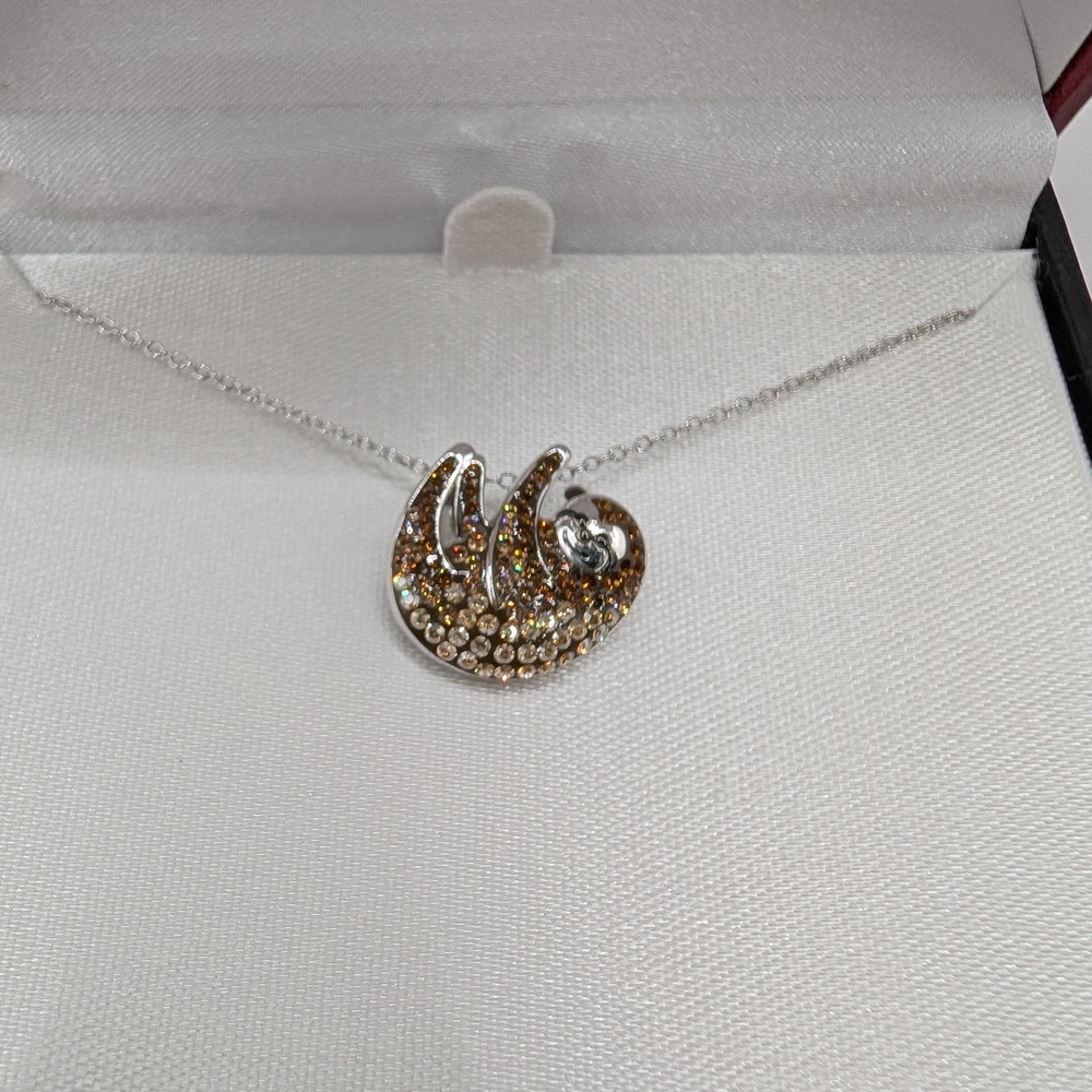 Sloth Pendant Necklace Silver with Brown Rhinestones New in Box